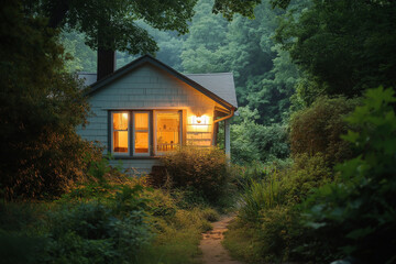 Cozy cabin illuminated at dusk surrounded by lush greenery in a tranquil forest setting