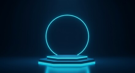 Neon Hexagonal Platform with Glowing Circle: Futuristic Minimalist Design