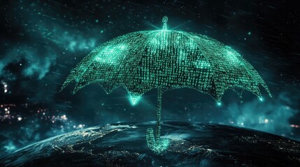 A futuristic umbrella of glowing binary codes covering Earth, symbolizing cybersecurity, blockchain, and digital transformation.