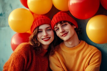 Obraz premium Valentine's day, affectionate couple: stunning striking image of loving caucasian young lovers. Commercial ad campaign idea. Sign of love and affection. Happy couple. Trendy couple. True love.