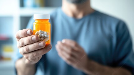 Distressed man holding pillbottle,symbolizingconcerns about medicatiorand health issues, close-upwith copy space for text