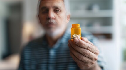 Fototapeta premium Distressed man holding pillbottle,symbolizingconcerns about medicatiorand health issues, close-upwith copy space for text
