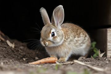 Fototapeta premium Cute rabbit nibbling on a fresh carrot in a grassy area during daylight hours
