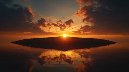 Fototapeta premium Sunrise over a small island, calm waters reflecting. Possible use Stock photo for travel, nature, or serene backgrounds