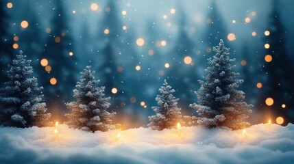 Naklejka premium Christmas Winter Landscape with Snow-Covered Trees and Bokeh Lights for Holiday Background Decoration