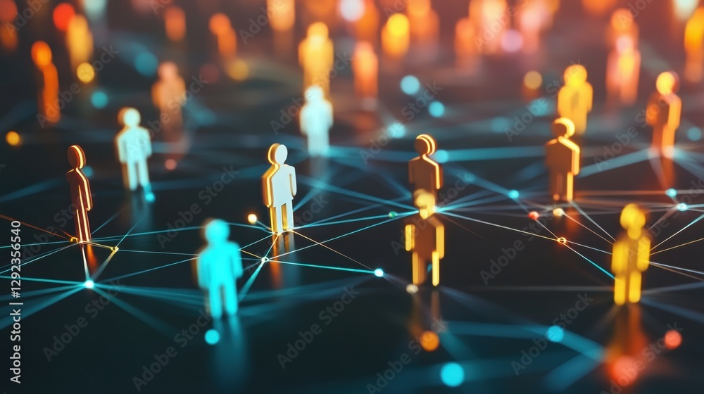 Poster colorful 3d avatars connected by glowing network lines in a digital landscape representing social me