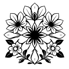 Black and White Floral Mandala: Abstract flower, symmetrical, modern design, geometric patterns, decorative artwork on a white background.