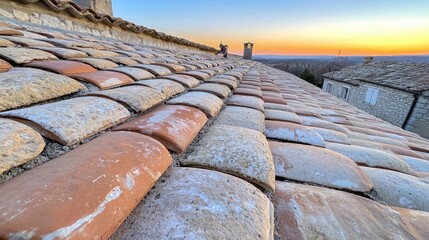 Sunset over village rooftops, textured tiles, idyllic scene, postcard