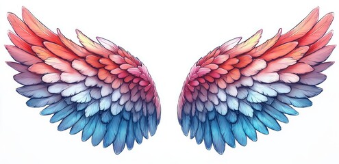 Obraz premium Vibrant Angel Wings Illustration with Detailed Feathers, Ethereal Lighting and Symmetrical Design in Pink and Blue