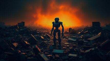 Fototapeta premium Lonely robot in dystopian landscape, electronic waste, high contrast
