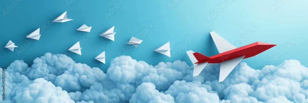 Poster red and white airplane guides paper planes through a clear blue sky above fluffy clouds. generative 