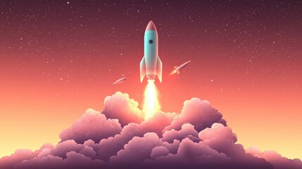 Obraz premium Rocket Launch Illustration in Pastel Sky with Clouds and Stars Dreamy Adventure Concept
