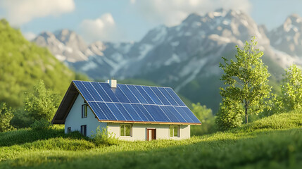 Obraz premium Eco Friendly House with Solar Panels in Mountain Landscape