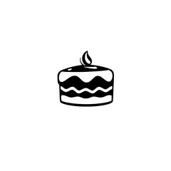 Black and white minimalist illustration of a cake with a topping, showing a candle flame on top.