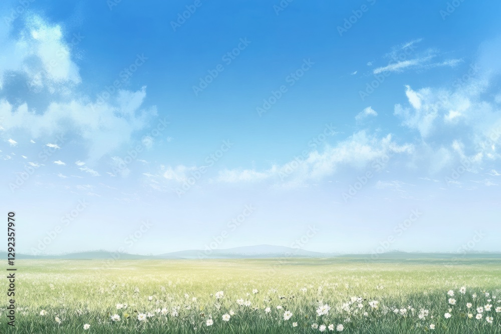 Leinwandbilder Wide open grassy field under a clear blue sky with scattered clouds creating a serene landscape at midday. Generative AI
