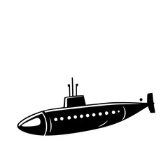 Black and white illustration of a submarine and a white background.