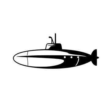 Black and White Submarine Silhouette. Simple, abstract and minimal illustration of a submarine against a white backdrop.