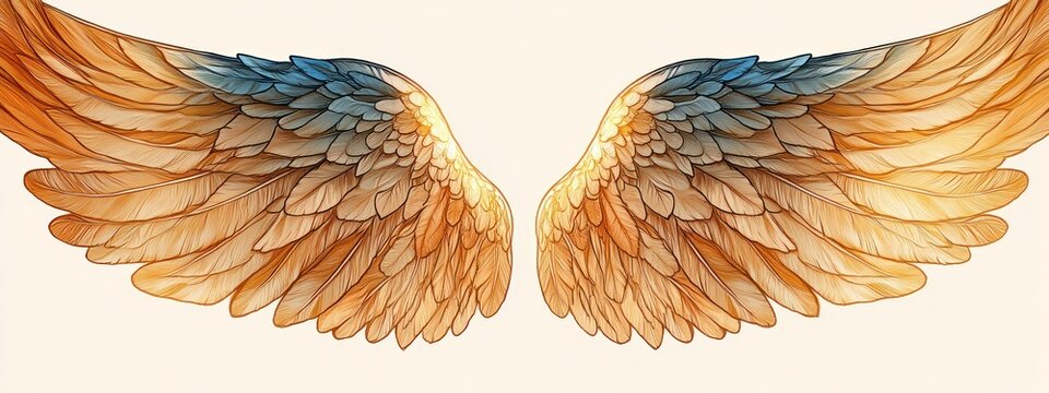 Intricate Art Nouveau Angel Wings Illustration with Golden Lighting and Flowing Shapes