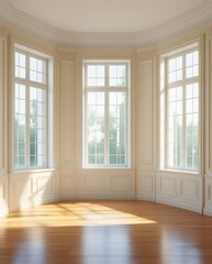 Fototapeta premium A luxurious, sunlit room with classic white panel walls and a grand bay window overlooking a lush garden. The polished wooden floor reflects natural light, enhancing the elegant and serene ambiance.