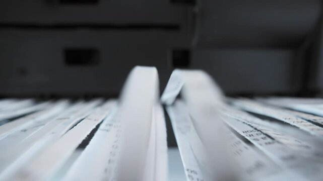 A close up view of a paper shredder cutting a sheet of office paper, document into thin strips.