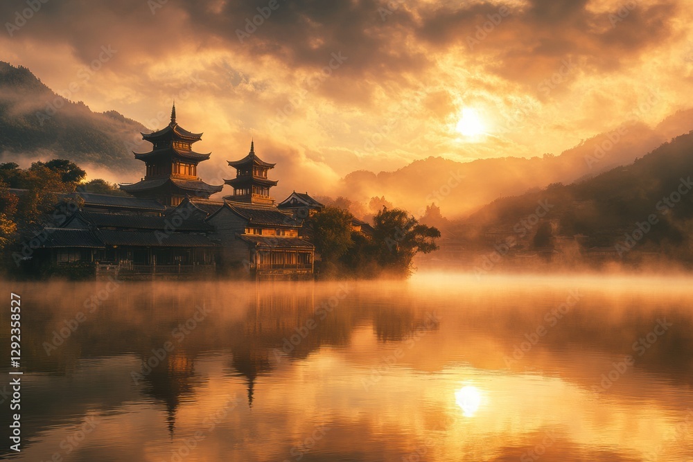 Poster sunset over tranquil waters with traditional architecture silhouetted against a golden sky. generati