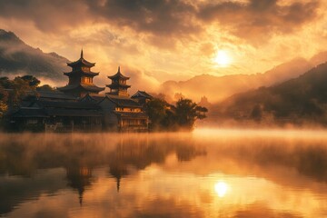 Obraz premium Sunset over tranquil waters with traditional architecture silhouetted against a golden sky. Generative AI
