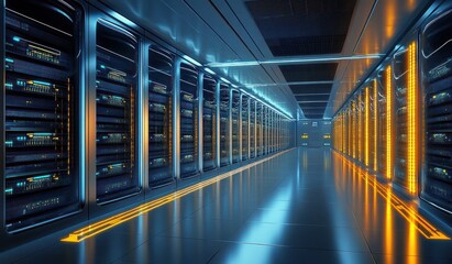 Futuristic Cyberpunk Server Room with Illuminated Racks and Reflective Floors