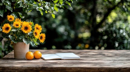 Sunflowers, oranges, book on rustic garden table
