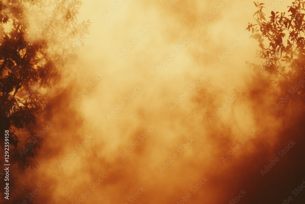 Poster forest fire engulfs trees, creating a fiery landscape with smoke filling the air and space for addit