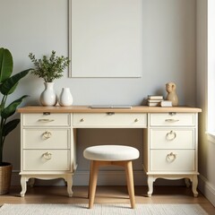 Cream drawers, curved wooden legs, elegant desk , wooden desk, quality, shape