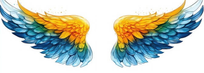 Obraz premium Vibrant Blue Yellow Angel Wings Surreal Illustration