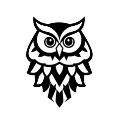 Black and white, owl illustration, stylized, minimalist design with rounded eyes and abstract feather details.