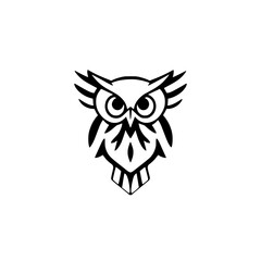 Minimalist black and white graphic illustration of an owl, perfect for a logo or design.
