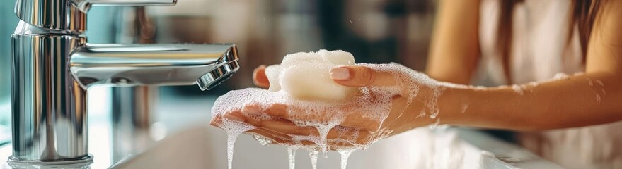 Fototapeta premium Hand Washing Hygiene Prevention Against Coronavirus COVID-19 Spread Soap Bubbles Cleaning Asian Woman Wearing Face Mask