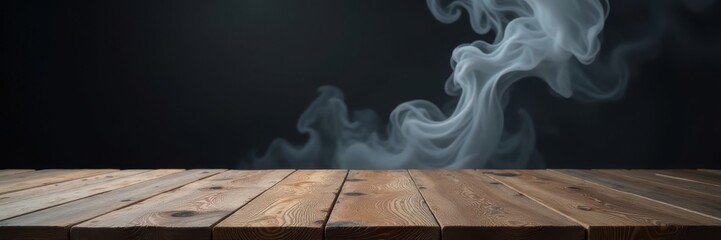 Empty weathered wood tabletop, swirling grey smoke rising, black background, art, minimal