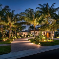 Fototapeta premium Illuminated Driveway to Modern Home at Dusk