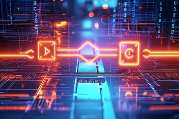 A conceptual illustration a secure data transfer, showing glowing arrows and encrypted symbols bridging two devices.