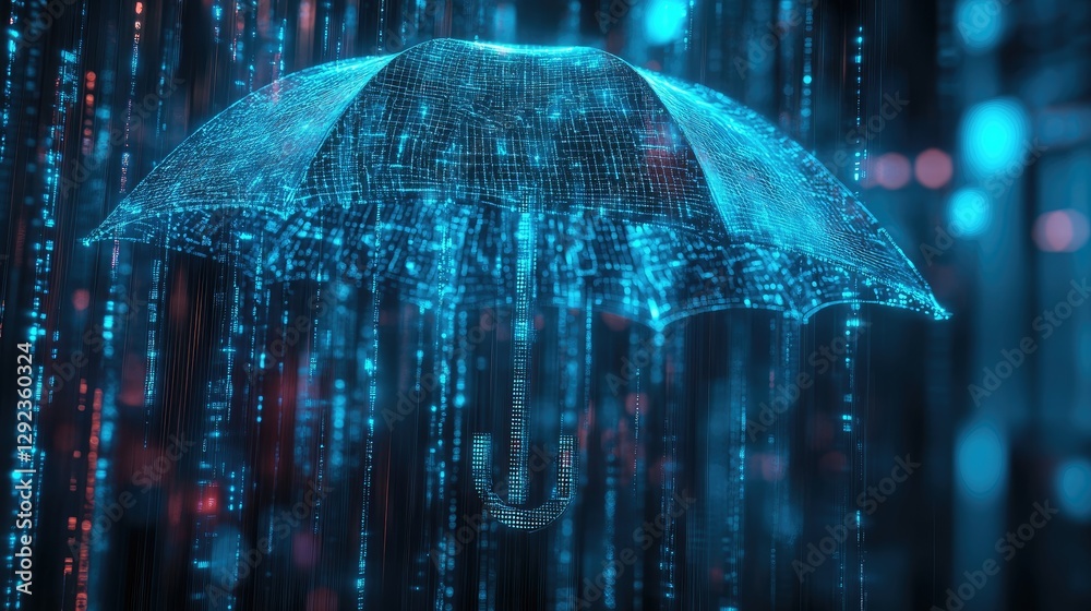 Poster a glowing umbrella of ai-driven defense grids shielding the world, representing cybersecurity and bl