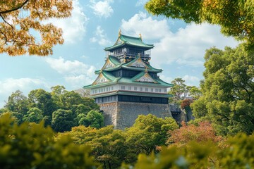 Fototapeta premium Japanese Castle Surrounded by Lush Greenery in Osaka