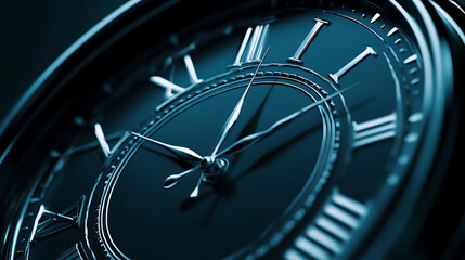 A close up of a clock with Roman numerals showing the time as 10:30