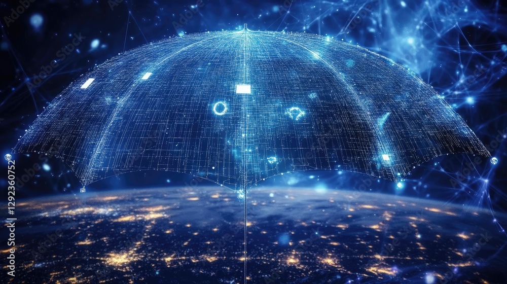 Poster a glowing umbrella of ai-driven defense grids shielding the world, representing cybersecurity and bl