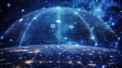 A glowing umbrella of AI-driven defense grids shielding the world, representing cybersecurity and blockchain protection.