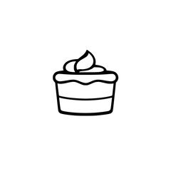 Simple black and white illustration of a cupcake, cake with cream topping, minimalist style.