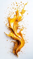 Golden liquid swirls and splashes against a white background, creating a dynamic and luxurious image.