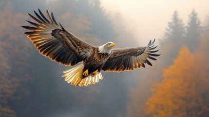 Fototapeta premium Majestic eagle soaring, autumn forest, misty background