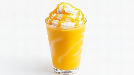 Refreshing yellow smoothie topped with whipped cream and a delicious sauce. Perfect summer treat!