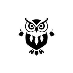 A Friendly Owl with Paintbrushes: Black and White Illustration in a Geometric Style.