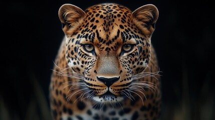 Naklejka premium Closeup Leopard Portrait Against Dark Background