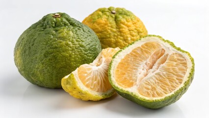 Three Whole and Two Halved Citrus Fruits on White Background