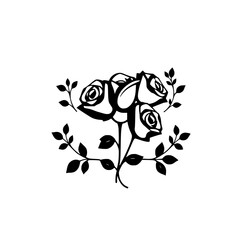 A stylized, minimalistic black-and-white illustration of four roses and several leaves on a white background, showcasing a symmetrical aesthetic.